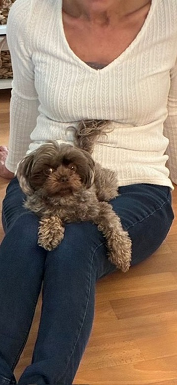 Ruth sitzend mit einem Hund auf ihrem Schoß